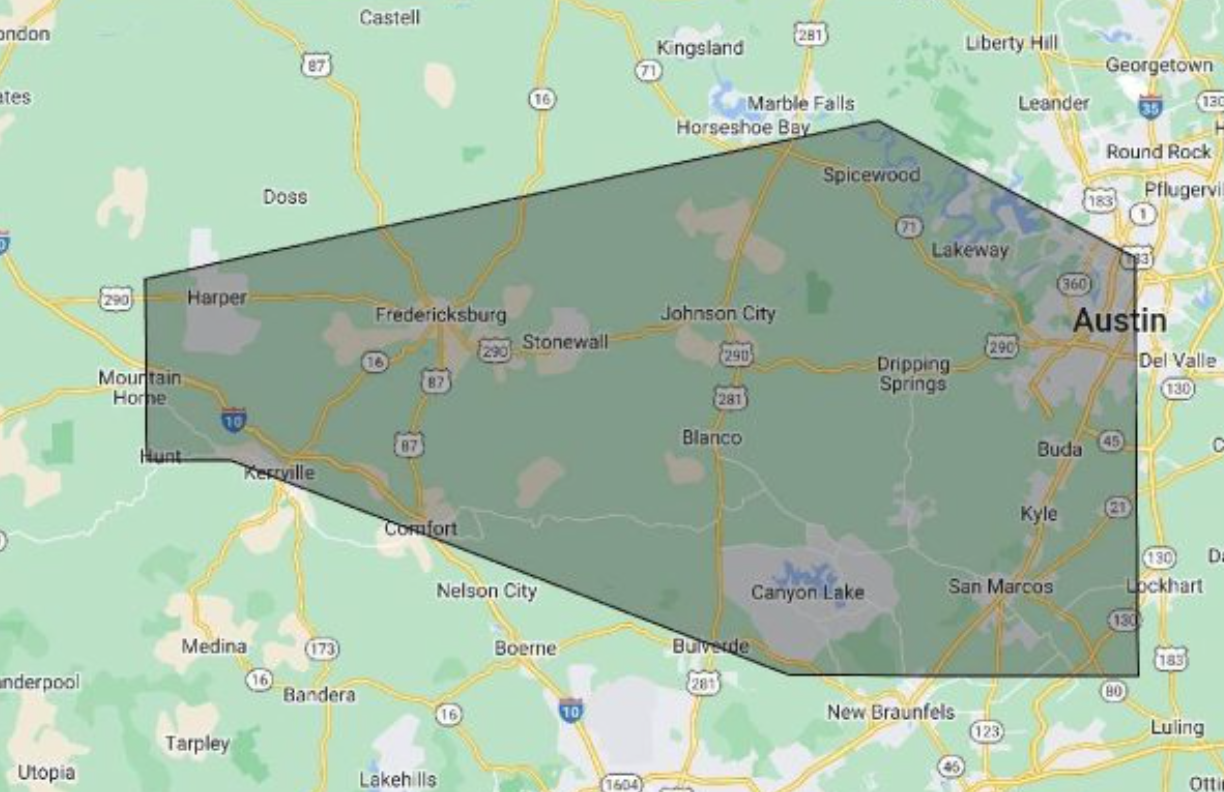 NBLS Trail Works service area map — Central Texas Hill Country from Kerrville to Austin